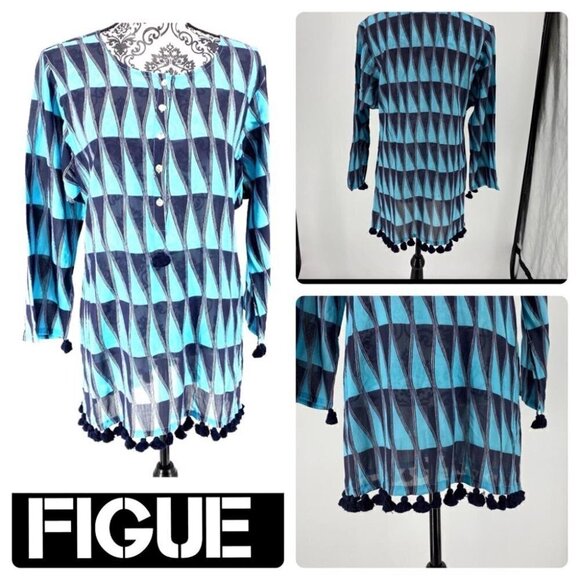 figue for seaside luxe 1/2 button tassels coverup lightwight blue swim - Picture 1 of 9